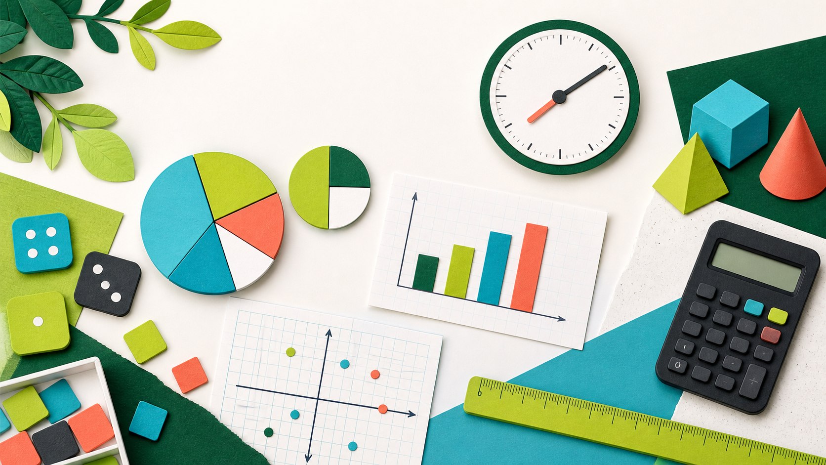 Original educational illustration of fraction pieces, graphs, geometric shapes, a clock, ruler and calculator for NAPLAN Numeracy practice.
