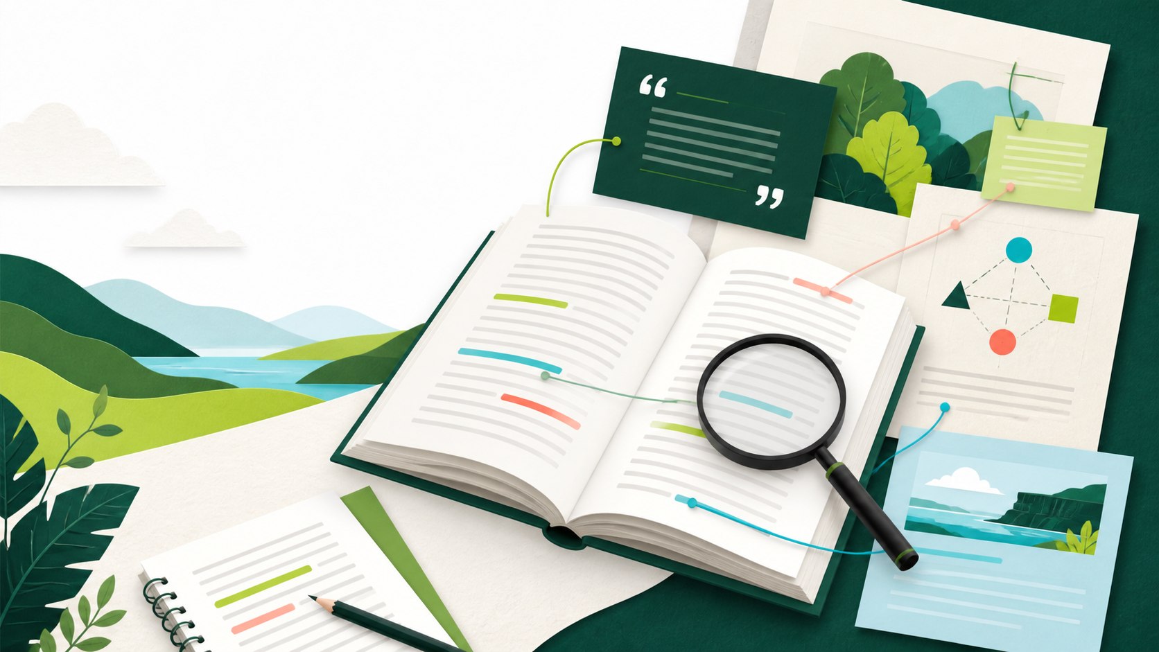Original educational illustration of an open book, highlighted evidence, diagrams and a magnifying glass for NAPLAN Reading practice.