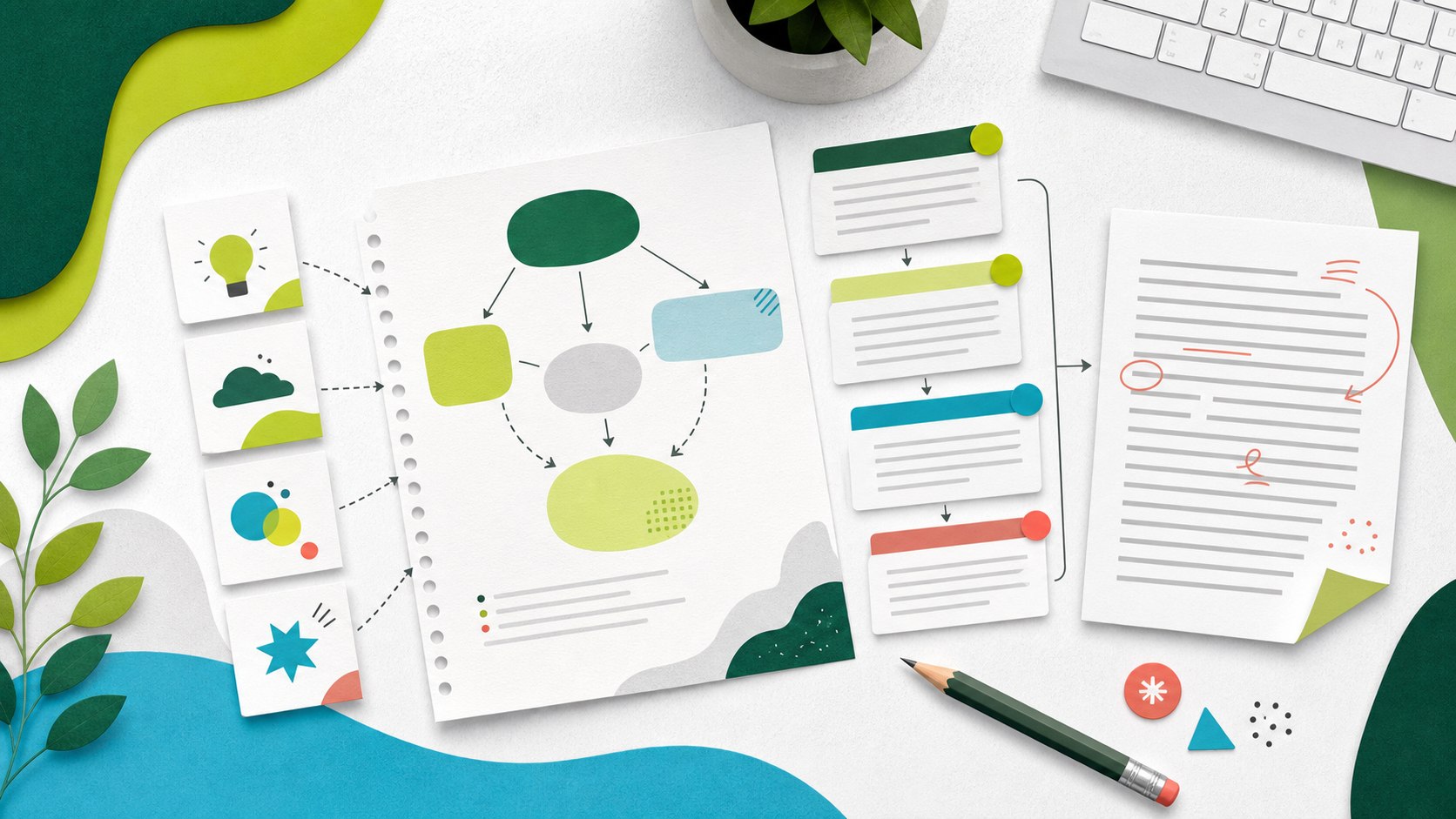 Original educational illustration of idea planning, paragraph sequencing, drafting and revision for NAPLAN Writing practice.